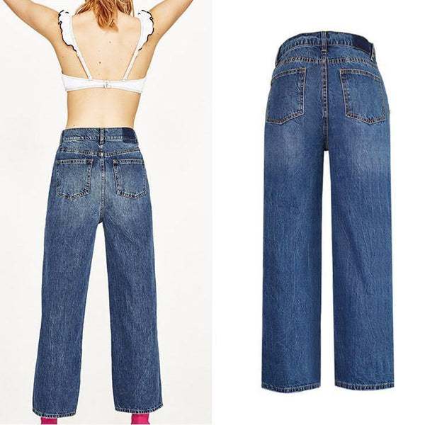 Pearls!Blue Wide Leg Jeans, Denim Nine Pants, Bottoms, Women Jeans, Femme Bottoms, Trousers-TownTiger