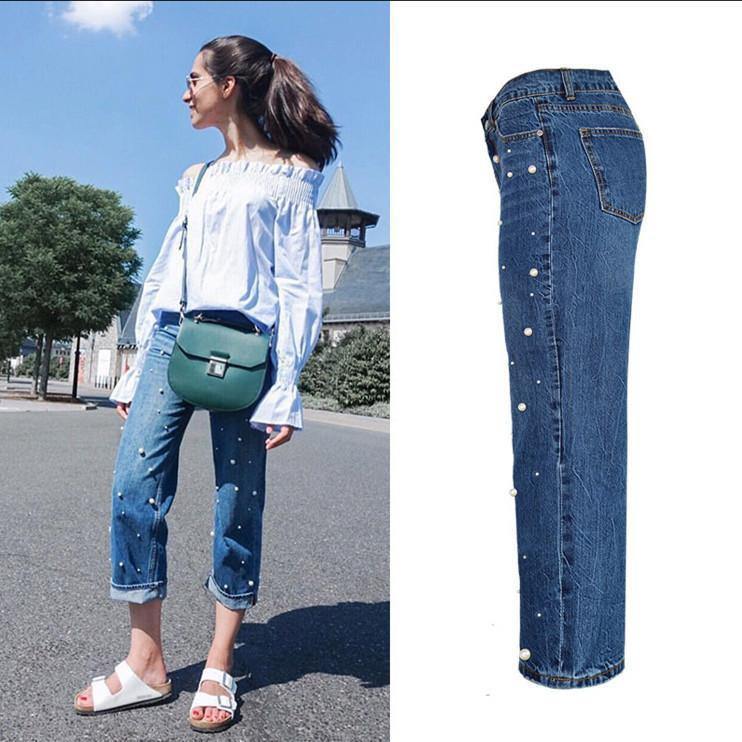 Pearls!Blue Wide Leg Jeans, Denim Nine Pants, Bottoms, Women Jeans, Femme Bottoms, Trousers-TownTiger