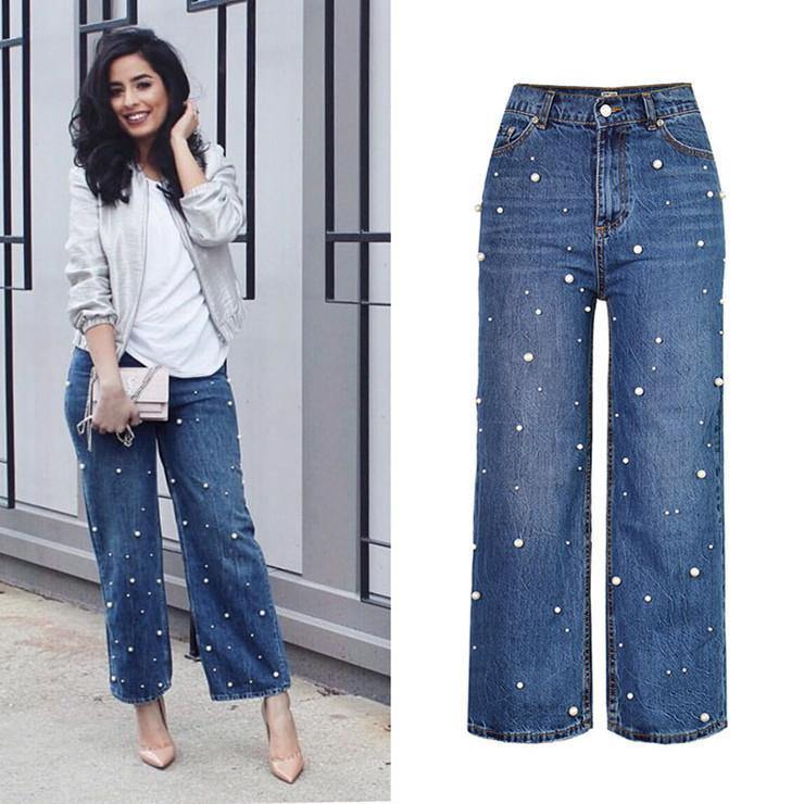 Pearls!Blue Wide Leg Jeans, Denim Nine Pants, Bottoms, Women Jeans, Femme Bottoms, Trousers-TownTiger