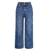 Pearls!Blue Wide Leg Jeans, Denim Nine Pants, Bottoms, Women Jeans, Femme Bottoms, Trousers-TownTiger