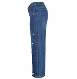 Pearls!Blue Wide Leg Jeans, Denim Nine Pants, Bottoms, Women Jeans, Femme Bottoms, Trousers-TownTiger