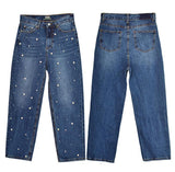 Pearls!Blue Wide Leg Jeans, Denim Nine Pants, Bottoms, Women Jeans, Femme Bottoms, Trousers-TownTiger