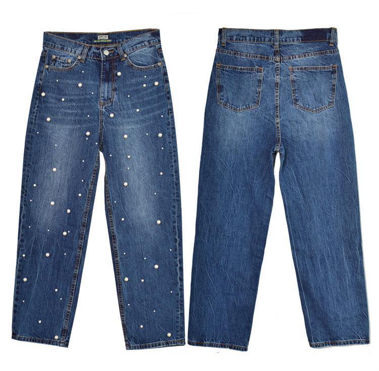 Pearls!Blue Wide Leg Jeans, Denim Nine Pants, Bottoms, Women Jeans, Femme Bottoms, Trousers-TownTiger