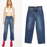 Pearls!Blue Wide Leg Jeans, Denim Nine Pants, Bottoms, Women Jeans, Femme Bottoms, Trousers-TownTiger