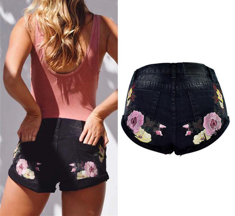 Pink Flowers! Black Jeans Shorts, Denim Shorts, Bottoms, Women Jeans, Femme Bottoms, Hot Pants-TownTiger