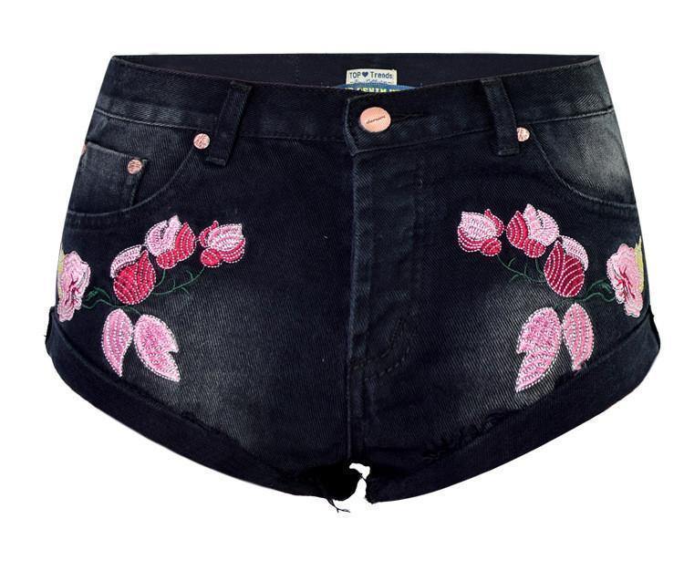 Pink Flowers! Black Jeans Shorts, Denim Shorts, Bottoms, Women Jeans, Femme Bottoms, Hot Pants-TownTiger