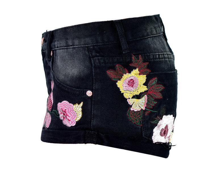 Pink Flowers! Black Jeans Shorts, Denim Shorts, Bottoms, Women Jeans, Femme Bottoms, Hot Pants-TownTiger