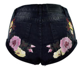 Pink Flowers! Black Jeans Shorts, Denim Shorts, Bottoms, Women Jeans, Femme Bottoms, Hot Pants-TownTiger