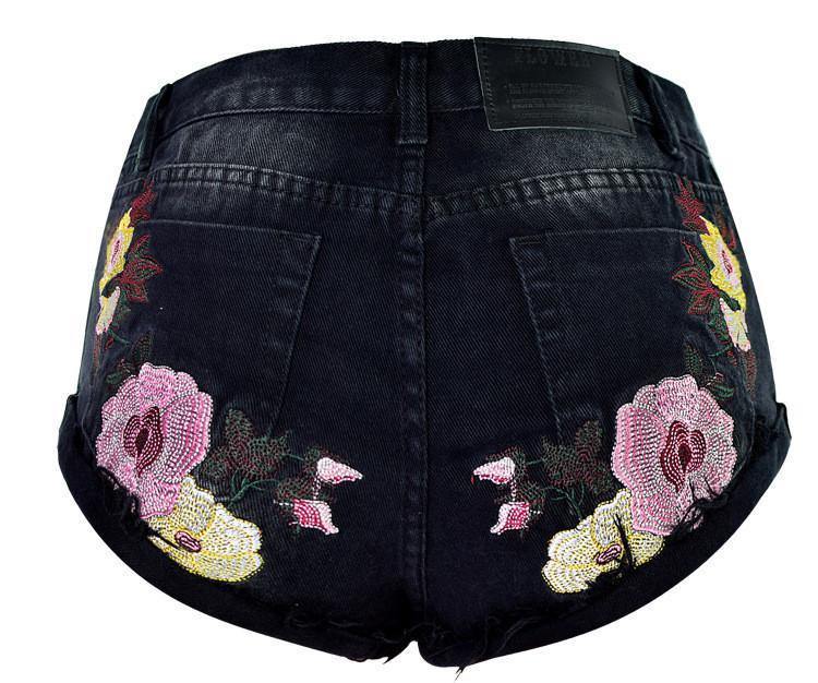 Pink Flowers! Black Jeans Shorts, Denim Shorts, Bottoms, Women Jeans, Femme Bottoms, Hot Pants-TownTiger