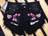 Pink Flowers! Black Jeans Shorts, Denim Shorts, Bottoms, Women Jeans, Femme Bottoms, Hot Pants-TownTiger