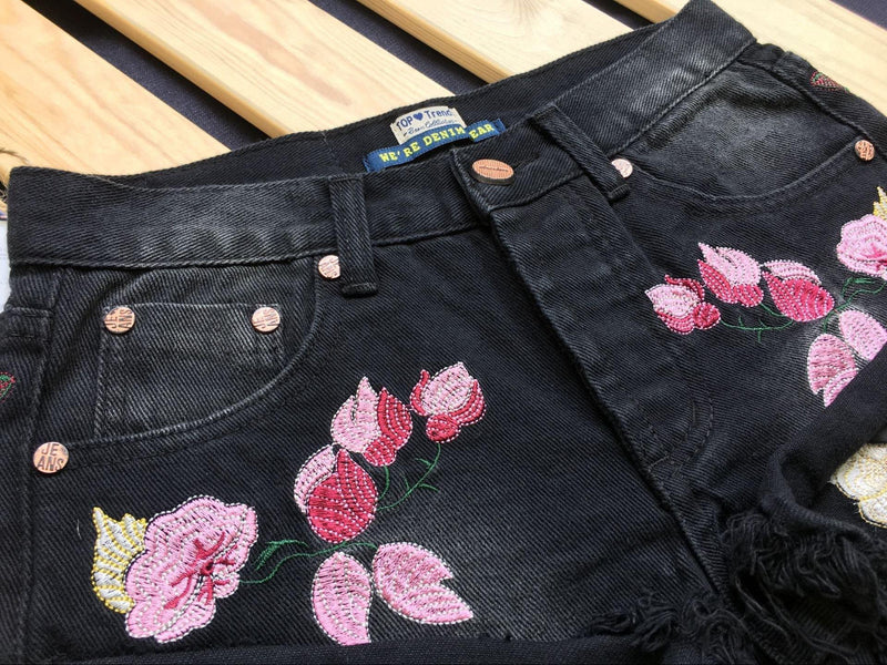 Pink Flowers! Black Jeans Shorts, Denim Shorts, Bottoms, Women Jeans, Femme Bottoms, Hot Pants-TownTiger