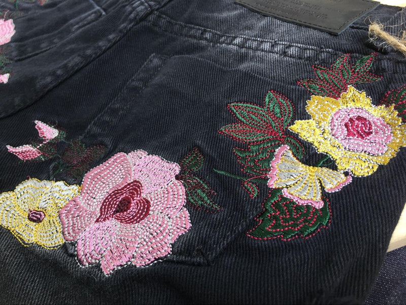 Pink Flowers! Black Jeans Shorts, Denim Shorts, Bottoms, Women Jeans, Femme Bottoms, Hot Pants-TownTiger