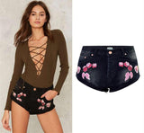 Pink Flowers! Black Jeans Shorts, Denim Shorts, Bottoms, Women Jeans, Femme Bottoms, Hot Pants-TownTiger