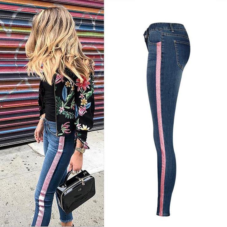 Pink Stripes!Blue Skinny Jeans, Denim, Bottoms, Women Jeans, Femme Bottoms-TownTiger