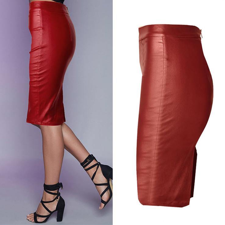 Red Faux Leather Skirt! PU leather,Motorcycle, Hip-Hugger, Women Jeans, Skirt-TownTiger