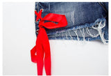 Red Lace! Blue Jeans Shorts, Denim, Bottoms, Women Jeans, Femme Bottoms, Hot Pants-TownTiger