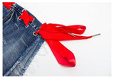 Red Lace! Blue Jeans Shorts, Denim, Bottoms, Women Jeans, Femme Bottoms, Hot Pants-TownTiger