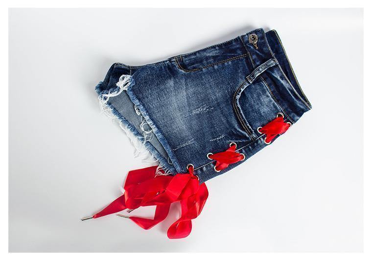 Red Lace! Blue Jeans Shorts, Denim, Bottoms, Women Jeans, Femme Bottoms, Hot Pants-TownTiger