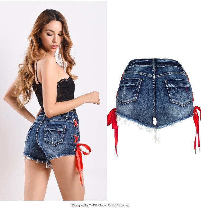 Red Lace! Blue Jeans Shorts, Denim, Bottoms, Women Jeans, Femme Bottoms, Hot Pants-TownTiger