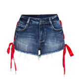 Red Lace! Blue Jeans Shorts, Denim, Bottoms, Women Jeans, Femme Bottoms, Hot Pants-TownTiger