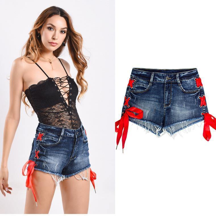 Red Lace! Blue Jeans Shorts, Denim, Bottoms, Women Jeans, Femme Bottoms, Hot Pants-TownTiger