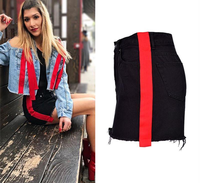 Red Ribbon! Black Jeans Skirt, Denim Skirt, Women Jeans, Femme Bottoms, Hot Skirt - Bohedian.Shop