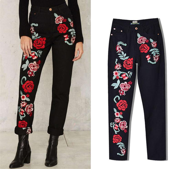 Red Rose Black Jeans!Embroidery Jeans, Denim, Bottoms,Femme Bottoms, Pants Trousers-TownTiger