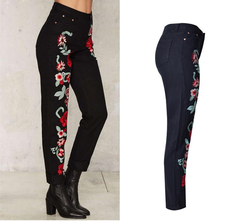 Red Rose Black Jeans!Embroidery Jeans, Denim, Bottoms,Femme Bottoms, Pants Trousers-TownTiger