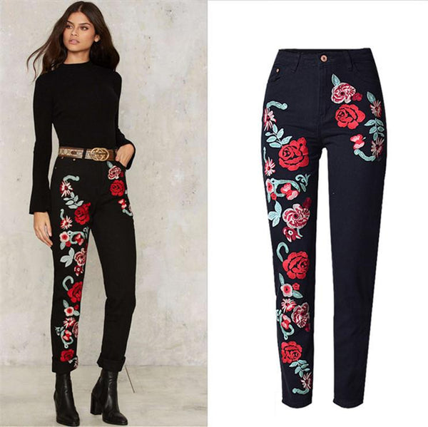 Red Rose Black Jeans!Embroidery Jeans, Denim, Bottoms,Femme Bottoms, Pants Trousers-TownTiger