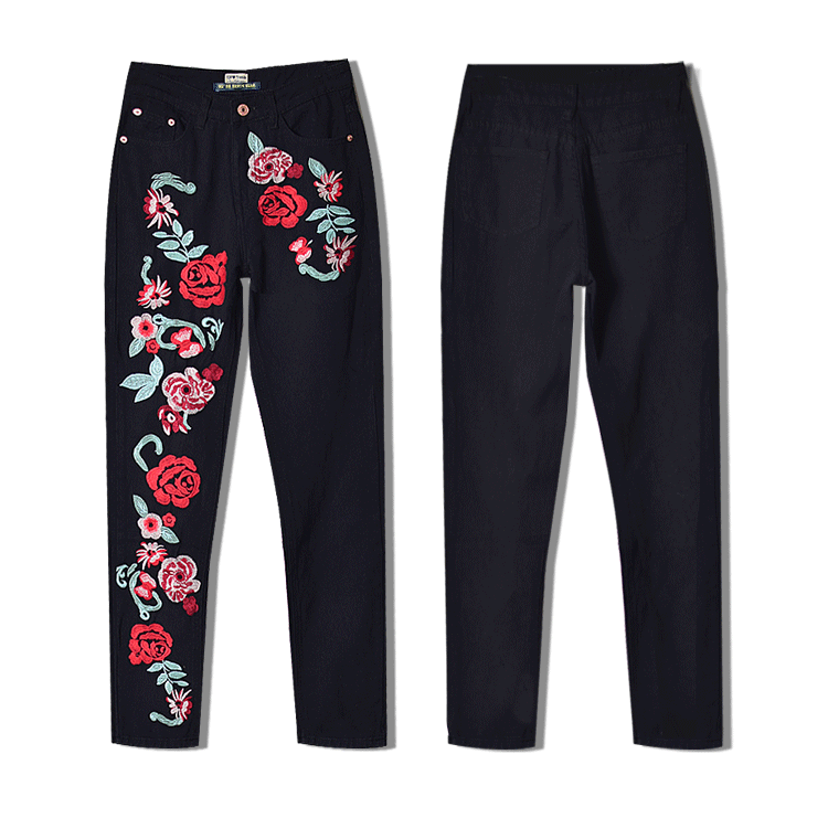 Red Rose Black Jeans!Embroidery Jeans, Denim, Bottoms,Femme Bottoms, Pants Trousers-TownTiger