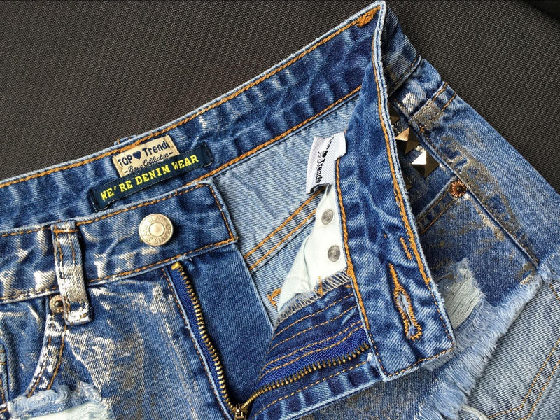 Rust Stained! Blue Jeans,Printed Denim Hot Pants, Bottoms,Femme Bottoms, Metal - KellyModa Store