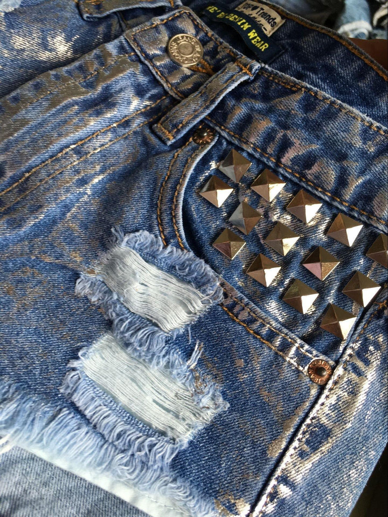 Rust Stained! Blue Jeans,Printed Denim Hot Pants, Bottoms,Femme Bottoms, Metal - KellyModa Store