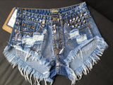 Rust Stained! Blue Jeans,Printed Denim Hot Pants, Bottoms,Femme Bottoms, Metal - KellyModa Store