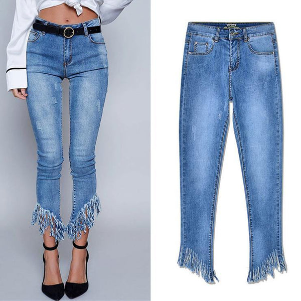 Sloping Cutting!Blue Jeans, Denim, Women Skinny Jeans, Femme Bottoms, Pants Trousers-TownTiger