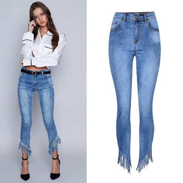 Sloping Cutting!Blue Jeans, Denim, Women Skinny Jeans, Femme Bottoms, Pants Trousers-TownTiger