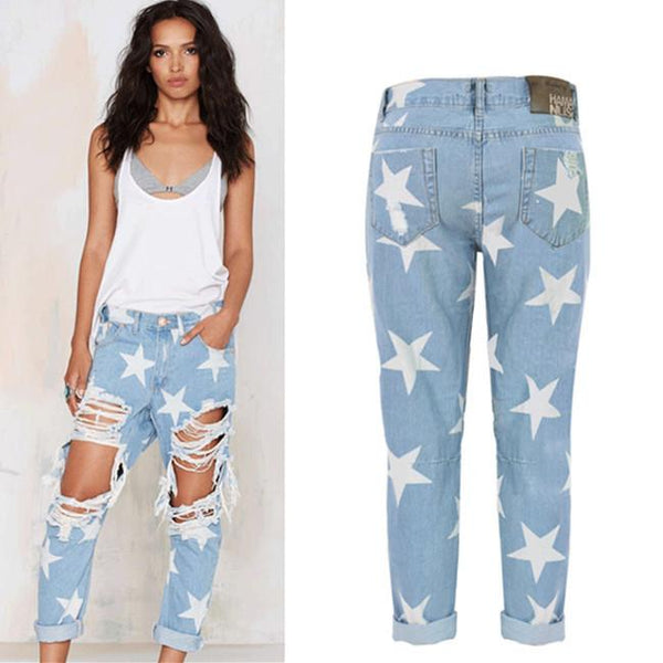 Stars!Ripped Blue Jeans, Nine Denim, Bottoms, Women Jeans, Femme Bottoms, Pants Trousers-TownTiger