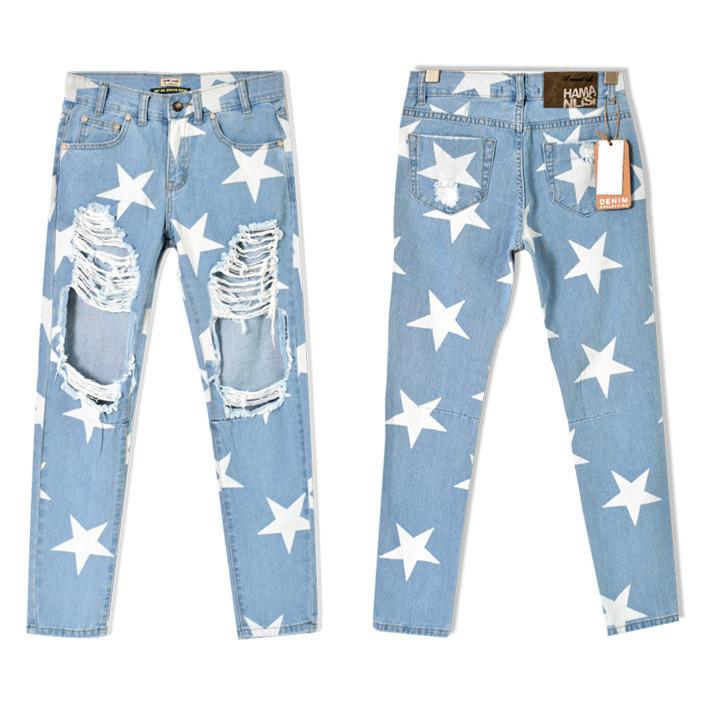 Stars!Ripped Blue Jeans, Nine Denim, Bottoms, Women Jeans, Femme Bottoms, Pants Trousers-TownTiger