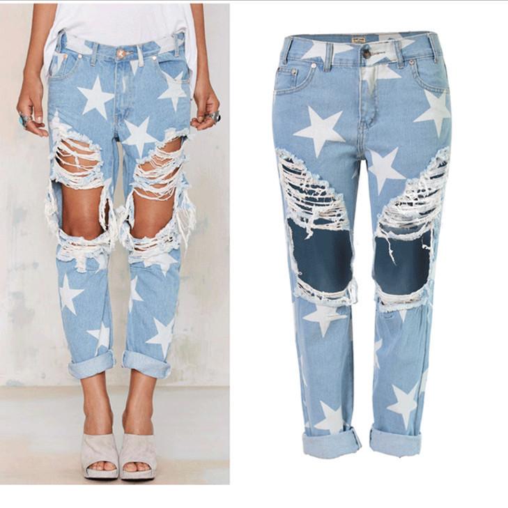 Stars!Ripped Blue Jeans, Nine Denim, Bottoms, Women Jeans, Femme Bottoms, Pants Trousers-TownTiger