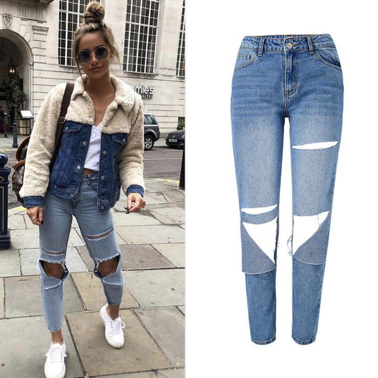 Torn! Ripped Blue Jeans, Denim, Bottoms, Women Jeans, Femme Bottoms, Pants Trousers-TownTiger