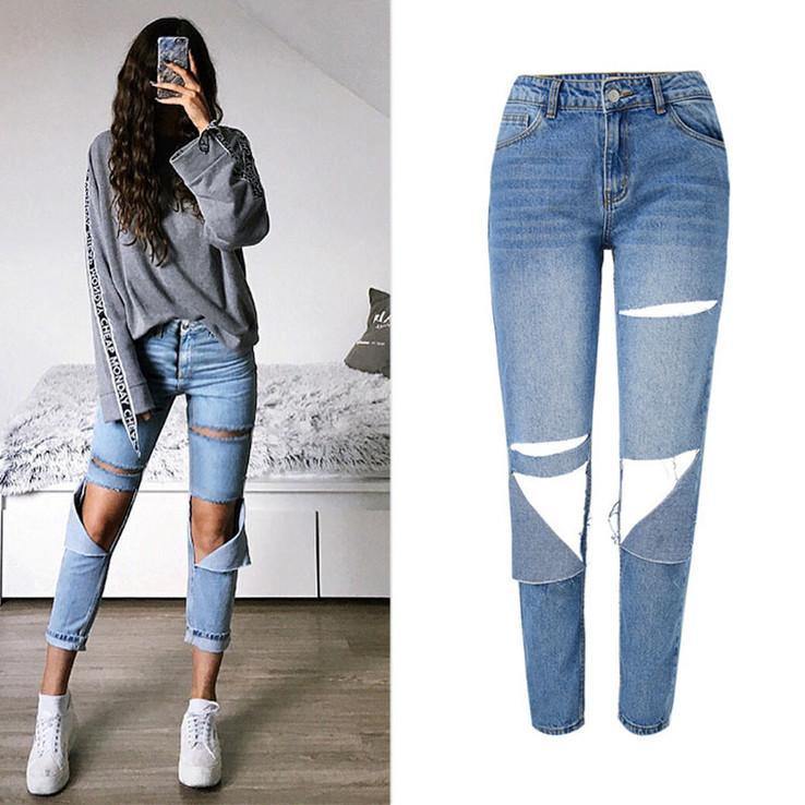 Torn! Ripped Blue Jeans, Denim, Bottoms, Women Jeans, Femme Bottoms, Pants Trousers-TownTiger