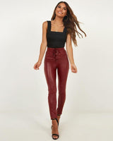 Wine PU Skinny High Waisted! Leather Pants, Bottoms, Women Femme Bottoms, Pants - Bohedian.Shop