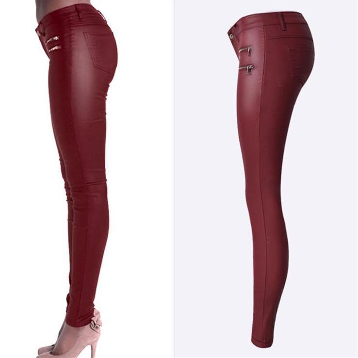 Wine PU Skinny! Leather Pants, Bottoms, Women Femme Bottoms, Pants-TownTiger