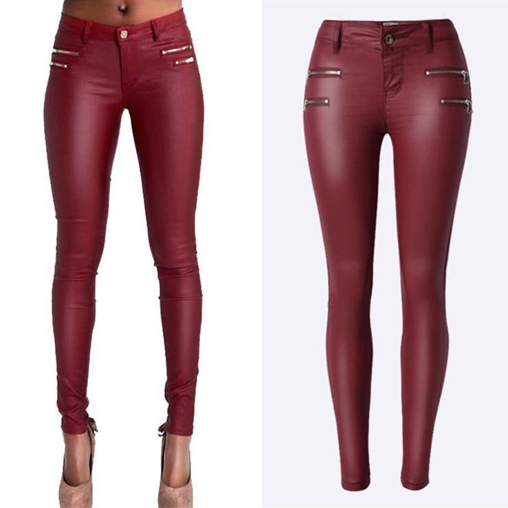 Wine PU Skinny! Leather Pants, Bottoms, Women Femme Bottoms, Pants-TownTiger